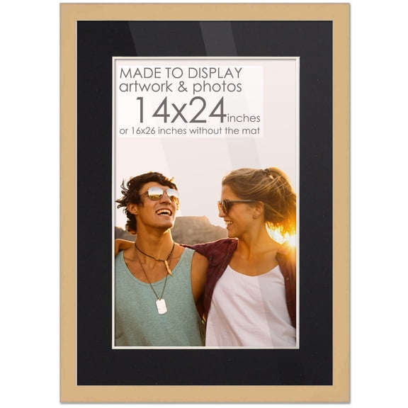 16x26 Natural Picture Frame with 13.5x23.5 Black Mat Opening for 14x24 Image, 0.75 Inch Border, UV