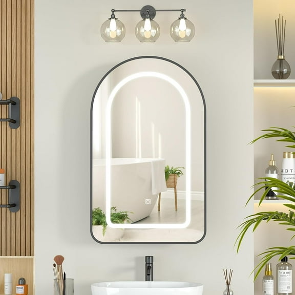 16x26 Recessed Medicine Cabinet with Lights,Brushed Black Arched Medicine Cabinet with Mirror for Bathroom,3-Color Lighted Mirrored Cabinet Wall Mounted,Bathroom Vanity Mirror with Storage
