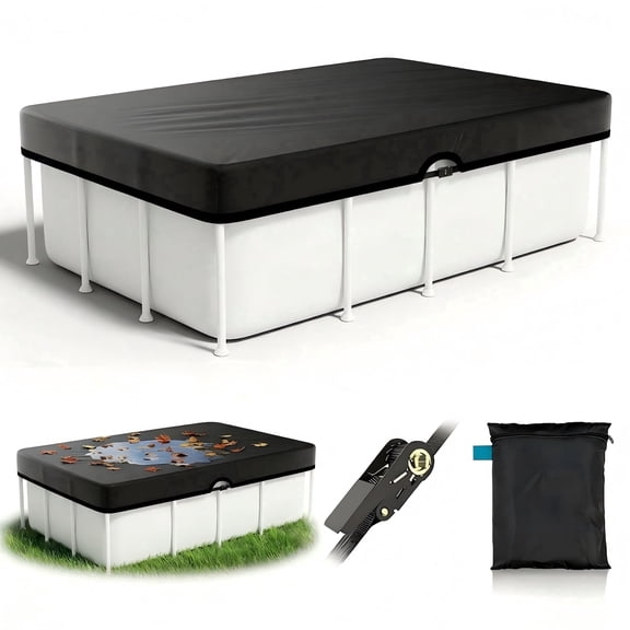 Seralis 16'x28' Rectangular Pool Cover with Strap & Drawcord Tightener 420D Solar for Above Ground Frame Pools UV Resistant Waterproof Black