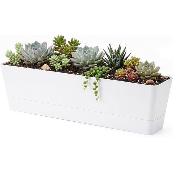 16x3.8 Inch Window Boxes Planters, 1PCS Plastic Rectangle Potwith Tray, Lightweight Indoor Succulent Cactus Flowers Vegetable Herb Planters for Balcony, Office, Garden, Outdoor, Windowsill