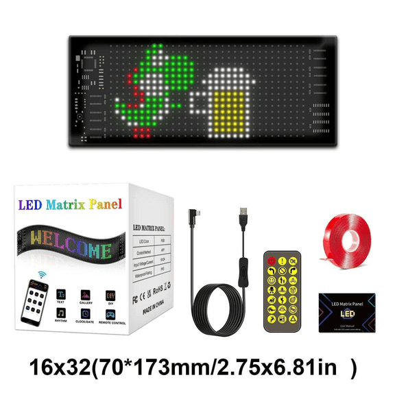 16x32 Flexible LED Sign, Bluetooth App Controlled Scrolling Light Panel, 6.8in Mini Display for Car Windshield Truck Party Gift, USB 5V