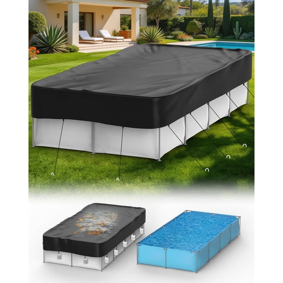16x32 ft Rectangular Pool Covers for Above Ground Pools, Thicker Solar Pool Cover Protector - Heavy Duty Tear Resistant Fabric, with Ropes and Ground Nails, Waterproof, Dustproof, Windproof (Black)