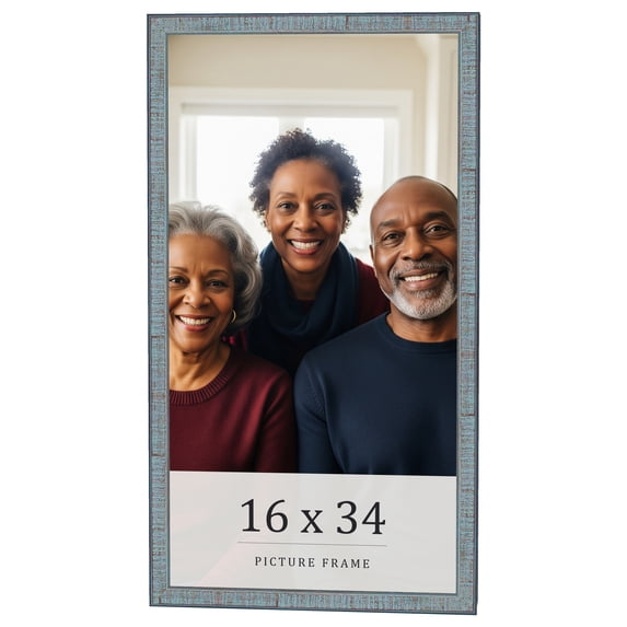 16x34 Frame Blue Scuffed Farm Board Solid Wood Picture Frame Width 0.75 Inches | Interior Depth 0.5