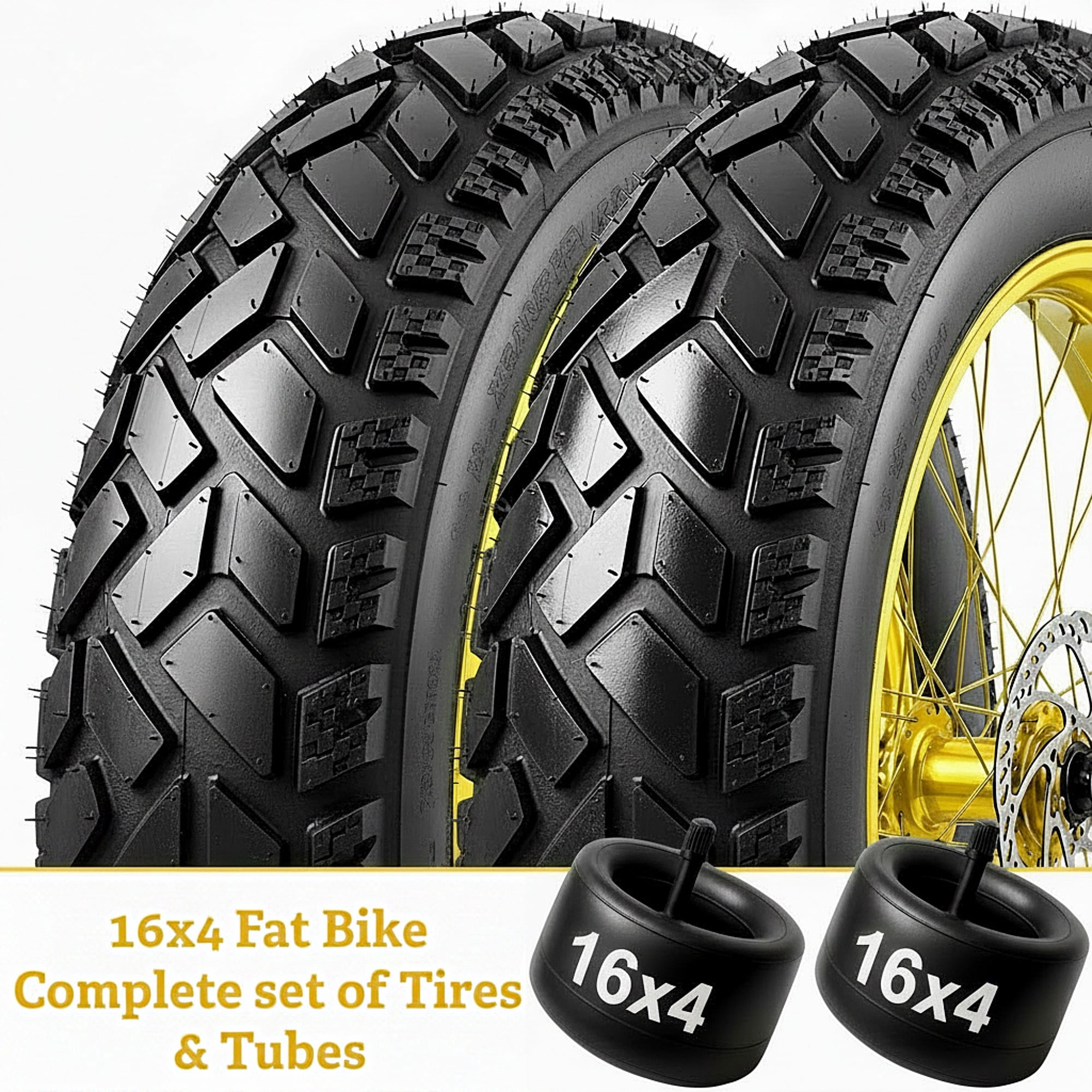 16x4.0 Fat E-Bike Tire Kit with Schrader Tubes, Heavy Duty Puncture Resistant All-Terrain Fat Bike 2 Tires + 2 Tubes