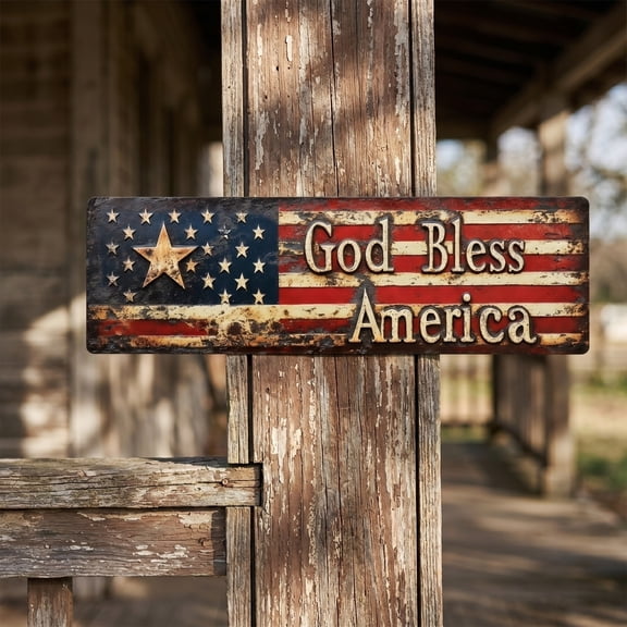 16x4 Inch "America" Patriotic Wall Sign, Vintage Distressed Metal Flag Decor, Raised Lettering, Easy Hang, for Home Porch Entryway, 4th of July Independence Day Decoration