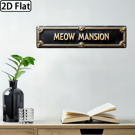 16x4 Inch Meow Mansion Metal Sign, Retro Cat Aluminum Plaque Wall Art For Living Room, Porch, Garage, Cat Lover Gift