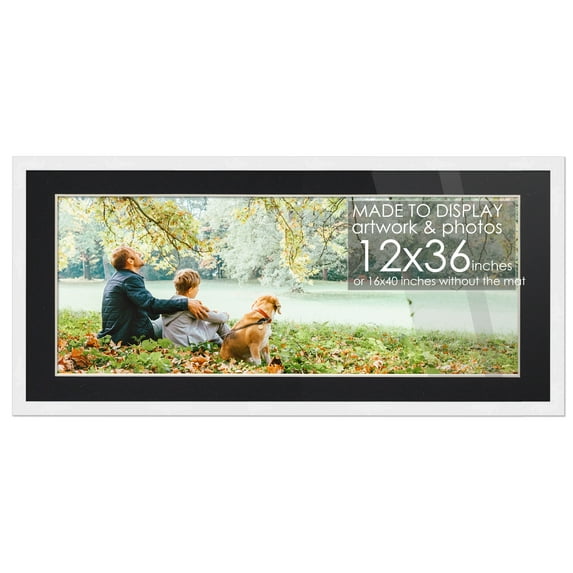 16x40 White Picture Frame with 11.5x35.5 Black Mat Opening for 12x36 Image, 0.75 Inch Border, UV