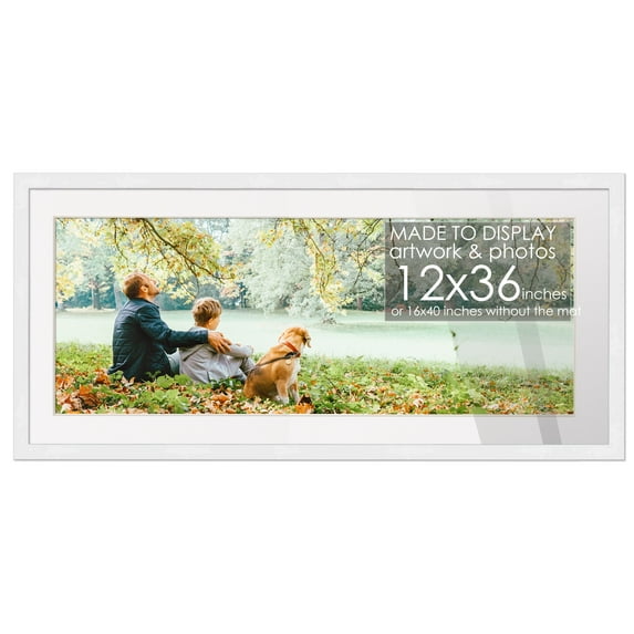 16x40 White Picture Frame with 11.5x35.5 White Mat Opening for 12x36 Image, 0.75 Inch Border, UV