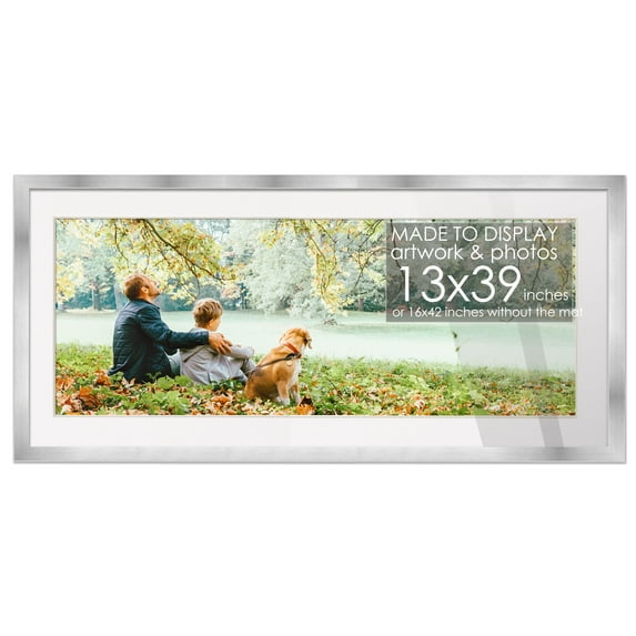 16x42 Silver Picture Frame with 12.5x38.5 White Mat Opening for 13x39 Image, 0.75 Inch Border, UV