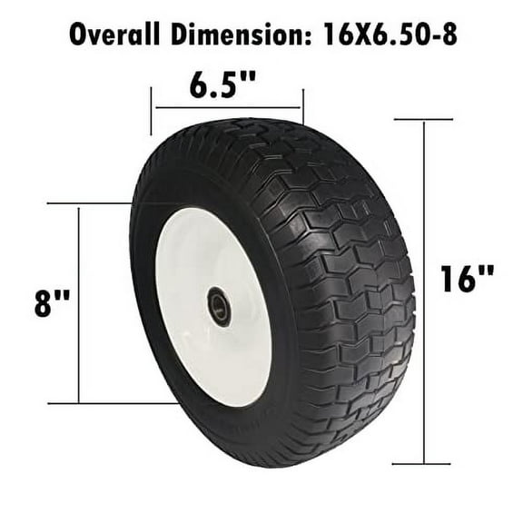 16x6.50-8" Flat Free Tire and Wheel, 1" Axle Size, 3" Centered Hub for Zero Turn Lawn Mower Wheelbarrow Farm Tractor Equipment, Set of 2