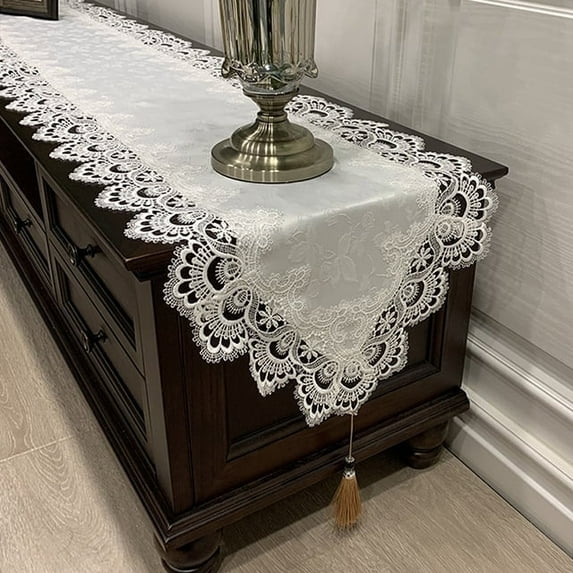 16x63" White Lace Table Runner - Embroidered Rectangular Farmhouse Table Cover for Dining Table, Coffee Table, Dresser Washable Linen-Like Polyester