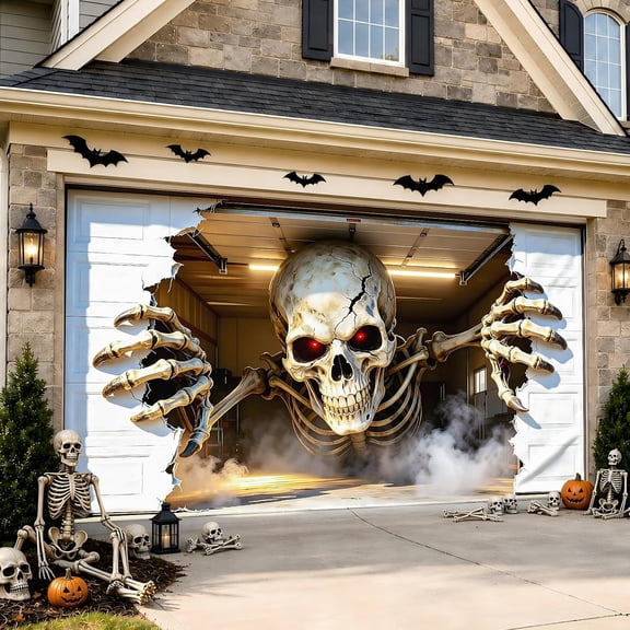 16x7 Ft Garage Door Halloween Cover, Realistic Garage Interior Scene with 3D Skeleton Crawling Out Effect Garage Door Decoration, for Home, Garage Wall Decor, Spooky Party & Photo Backdrop