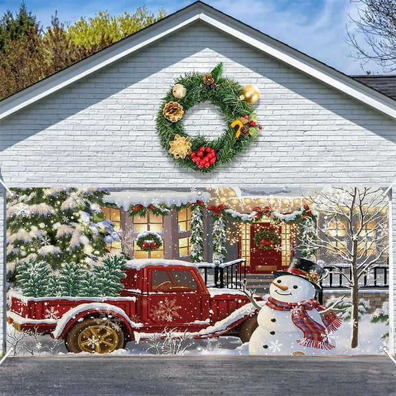 16x7ft Christmas Garage Door Banner Cover Merry Christmas Snowman Red Truck Tree Large Holiday Backdrop for Outdoor Winter New Year Party Decorations