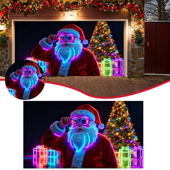 16x7ft Christmas Garage Door Cover Banner - Christmas Neon Garage Banner, Glows in Dark 2D Flat Holiday Garage Door Covers with Cartoon Santa and Elf, Xmas Outdoor Indoor Party Decoration