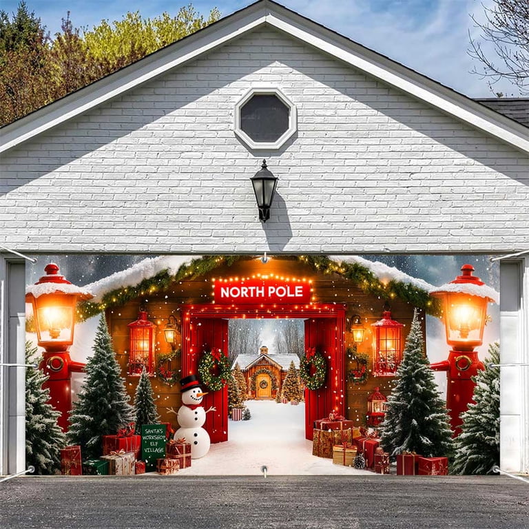 16x7ft Christmas Garage Door Decorations Winter Forest Wooden Barn Door ...