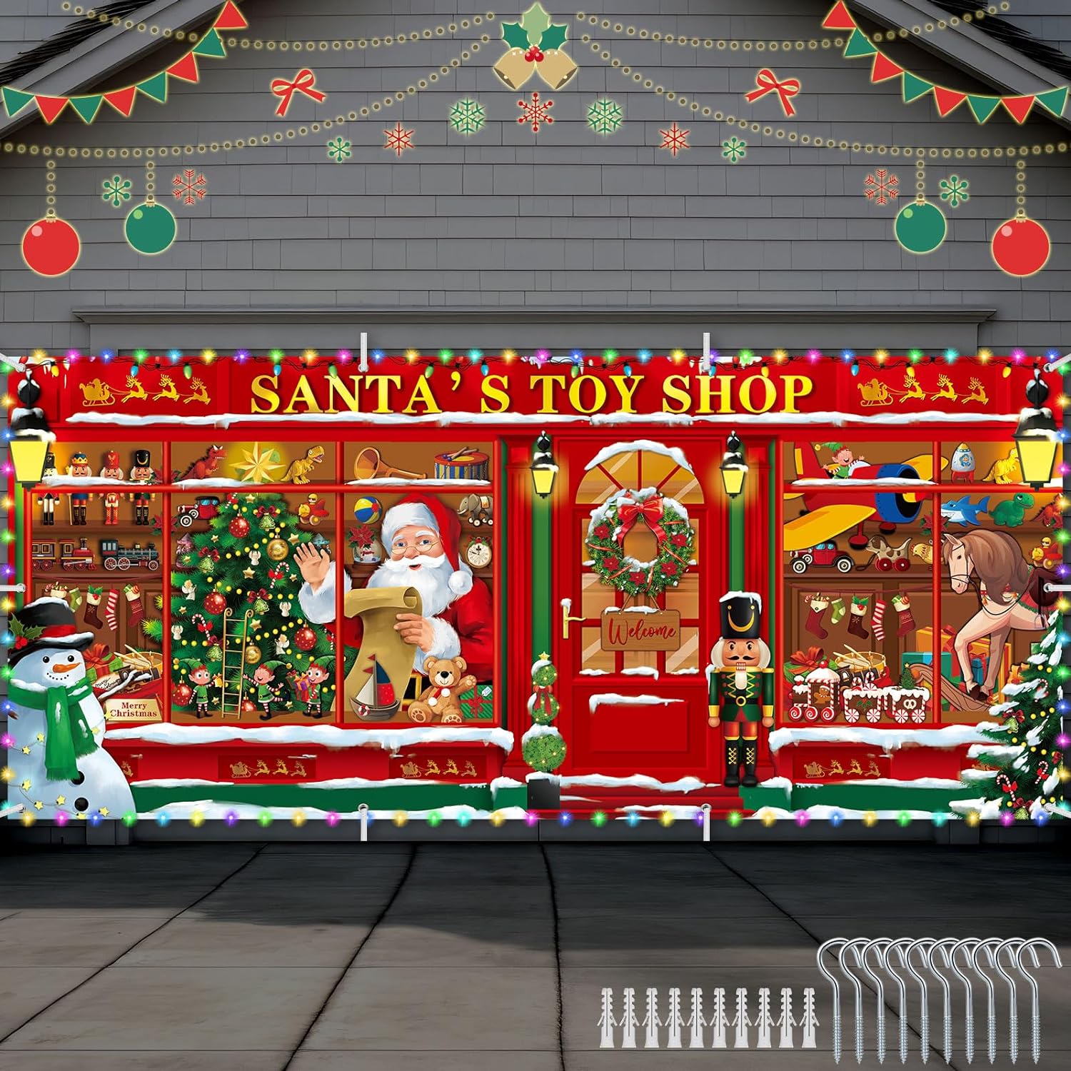 Santa's Toy Shop Christmas Party Decorations Kit - Banner, Backdrop, Swirls, Centerpieces