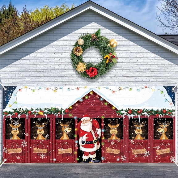16x7ft Santa's Reindeer Stable Garage Door Banner Magnetic Christmas Garage Cover for 2-Cars Large Indoor Outdoor Xmas Party Backdrop