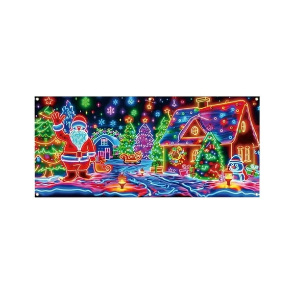 16x7ft UV Activated Christmas Garage Door Cover Banner, Glows in Dark 2D Flat Holiday Garage Door Covers with Cartoon Santa and Elf, Xmas Outdoor Indoor Party Decoration (A)