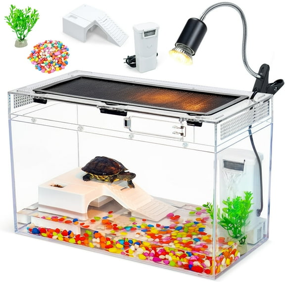 16x8x10 Turtle Starter Kit High-Definition Aquatic Turtle Tank with Heating Lamp, Filter, Advanced Ventilation & High-Temp Resistance for Turtle Terrarium Habitat