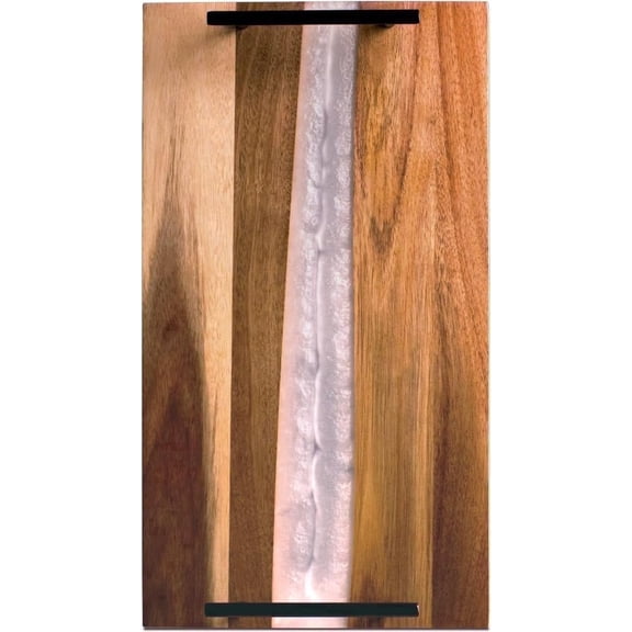 Comfify Pearl White Resin Acacia Wood Charcuterie Serving Tray with Metal Handles, 16 x 9 in, Decorative Serving Board for Cheese, Snacks & Home Decor