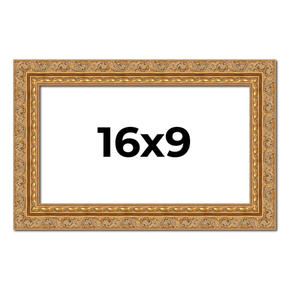 16x9 Frame Gold Ornate Solid Wood Picture Frame | 2 Inch Moulding Width | Firman Traditional Photo