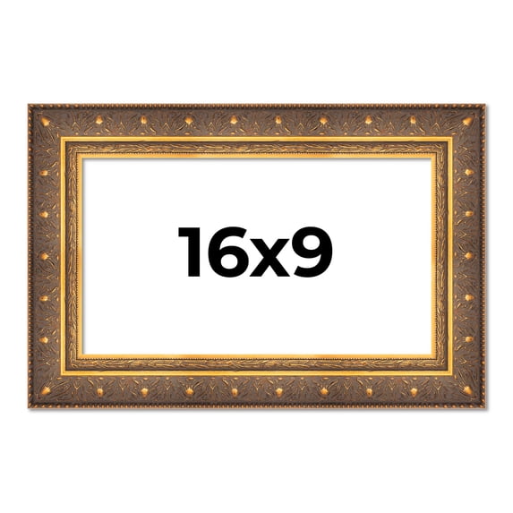 16x9 Frame Vintage Gold Solid Wood Picture Frame | 2.5 Inch Moulding Width | Ornate Bronze Museo