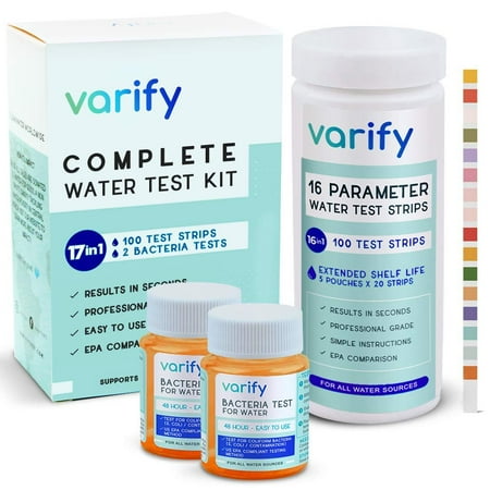 17 in 1 Premium Drinking Water Test Kit - 100 Strips + 2 Bacteria Tests - Home Water Quality Test - Well and Tap Water - Easy Testing for Lead, Bacteria, Hardness, Fluoride, pH, Iron, Copp