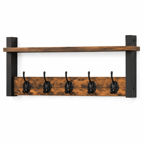 17.1 Inch Wall Mounted Coat Rack, Solid Wooden Top Shelf With 5 Curved Metal Hooks, MoistureResistant Wood Panel For Entryway Bathroom Wall Storage