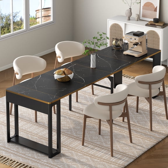 17" to 112" Extendable Dining Table, Transformer Folding Console Table for 2 to 8 People, Space-Saving Wooden Kitchen and Dining Room Table with Faux Marble Top, Black