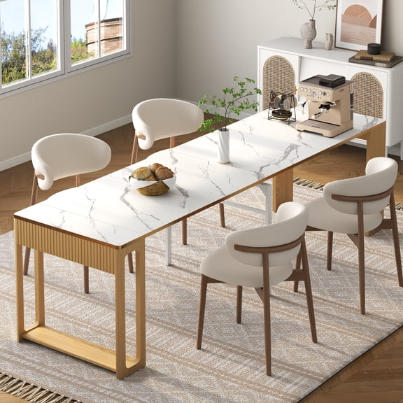 17" to 112" Extendable Dining Table, Transformer Folding Console Table for 2 to 8 People, Space-Saving Wooden Kitchen and Dining Room Table with Faux Marble Top, White
