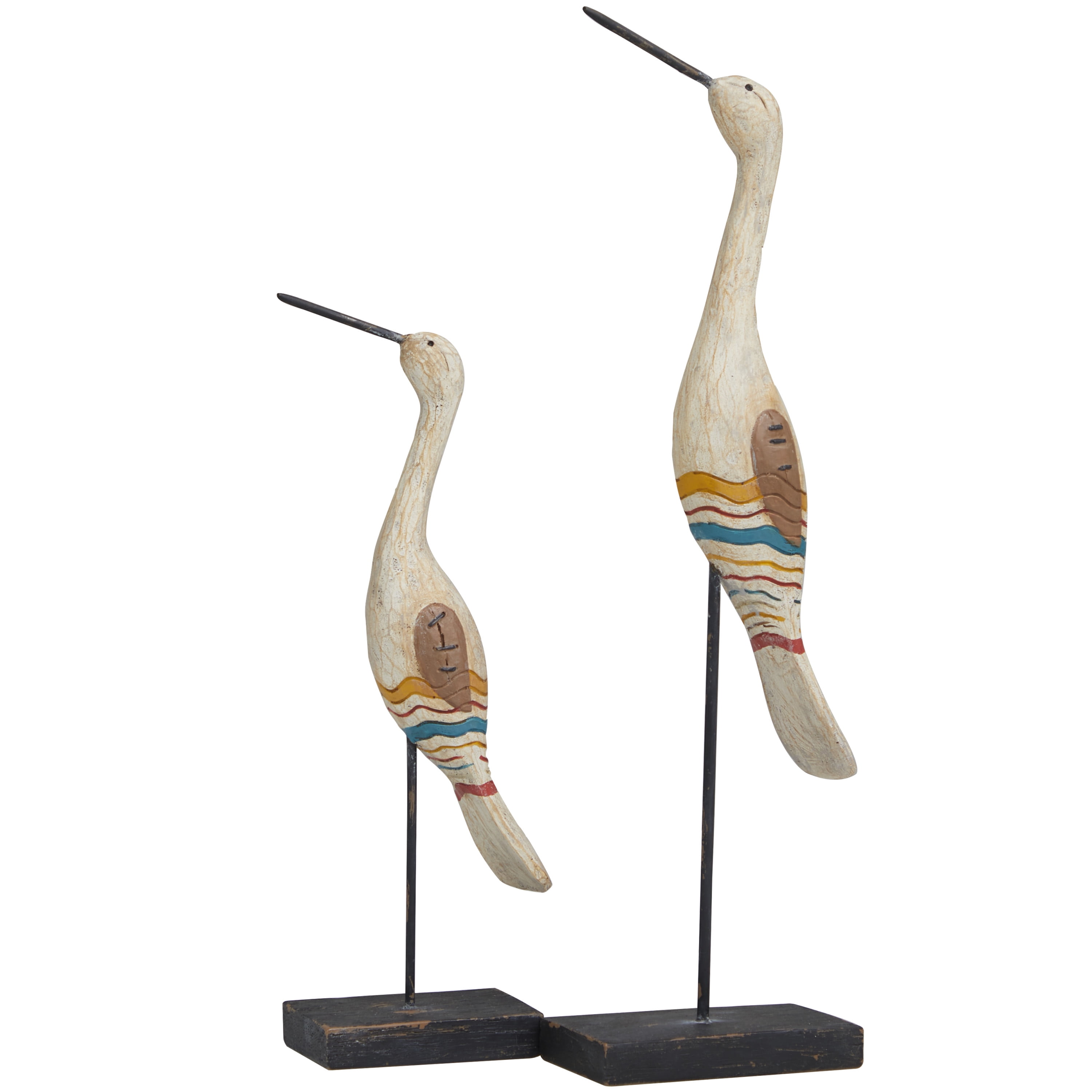 17", 12"H Cream Polystone Handmade Distressed Carved Bird Sculpture with Colorful Patterns and Black Stand, by DecMode (2 Count)