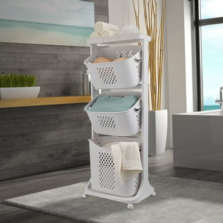 17"×13"×43" 3-Tier Laundry Hamper Basket Sorter with Wheels Small Clothes Storage Organizer Shelf Rolling Cart for One Person