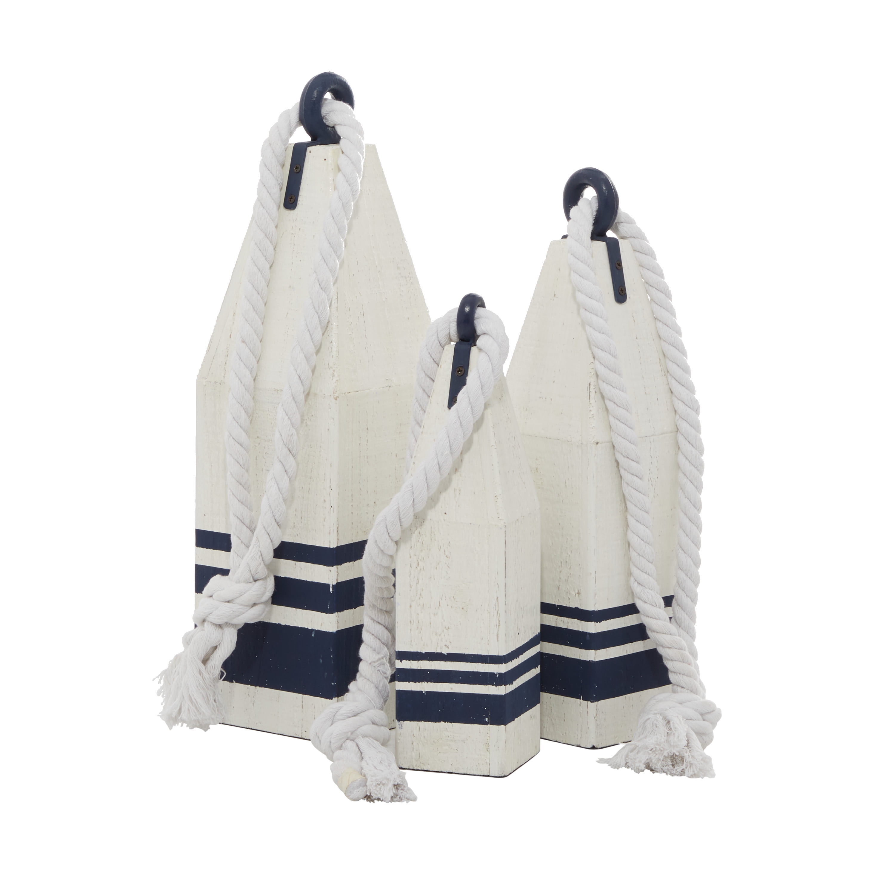White and Navy Wood Buoy Sculptures with Rope Accents, Set of 3