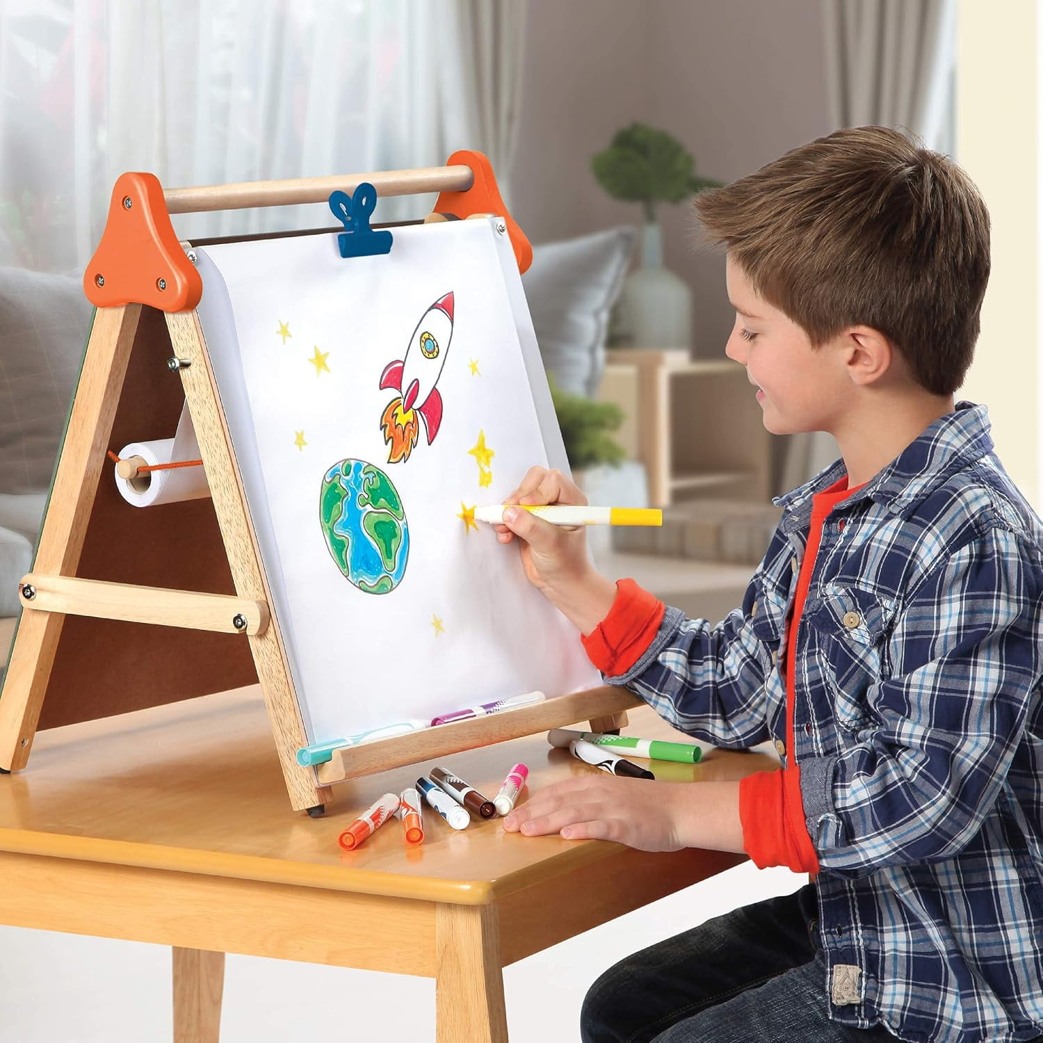 17×15" 3-in-1 Wooden Tabletop Easel - Foldable Portable Dry Erase/Chalkboard w/Paper Roll & Oversized Clip for Kids 3+