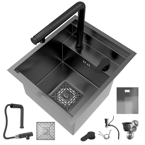 12.6″×15.4″ Hidden Bar Sink，Stainless Steel Kitchen Sink, Small Single Bowl Topmount RV with Lid ,Cup Washer,Up and down Pull-out Faucet Undermount Space-Saving