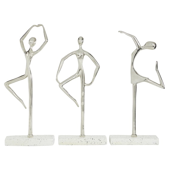 17", 16", 18"H Silver Aluminum Dancer Sculpture with Marble Base, by DecMode (3 Count)
