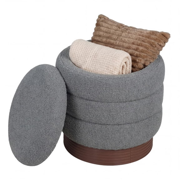 17"18" Boucle Fabric 360 Swivel Round Storage Ottoman with Lift Lid, Solid Acacia Wood Frame Hidden Storage Vanity Stool, 400 LBS Fully Assembled Rotating Foot Stool