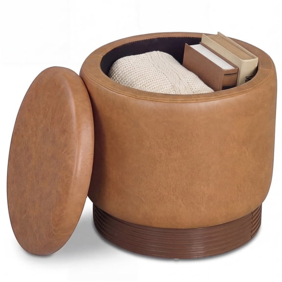 17"18" Brown 360 Swivel Round Storage Ottoman with Lift Lid, Solid Acacia Wood Frame Faux Leather Hidden Storage Vanity Stool, 400 LBS Fully Assembled Rotating Foot Stool