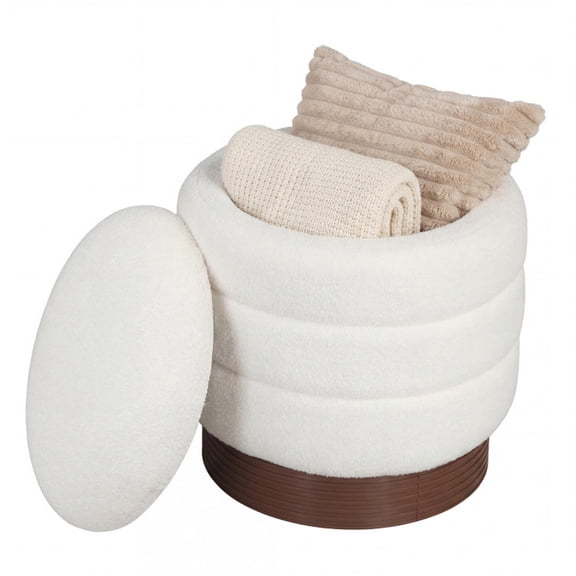 17"18" White Boucle Fabric 360 Swivel Round Storage Ottoman with Lift Lid, Solid Acacia Wood Frame Hidden Storage Vanity Stool, 400 LBS Fully Assembled Rotating Foot Stool