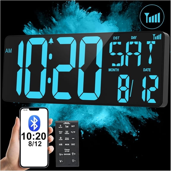 17.2" Large Digital Wall Clock Bluetooth Sync Time, Precise Atomic Clocks with Remote Control, Adjustable Dimmer Grandfather Clock, Temperature Clock for Bedroom, Desk Alarm Clock for Teens