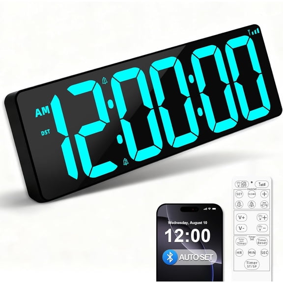 17.2" Bluetooth Digital Wall Clock with Seconds, Large Countdown Timer for Classroom Home Gym Kitchen Office, Alarm Clock with Remote Control, 4 Dimmable Brightness, Auto DST (Ice Blue)