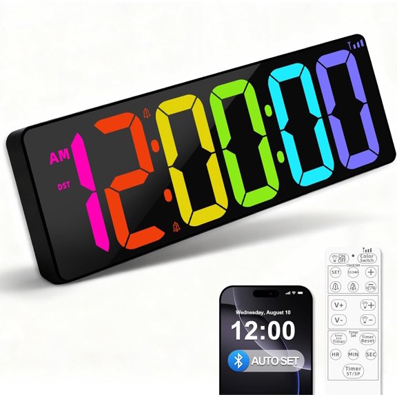 17.2" Bluetooth Digital Wall Clock with Seconds, Large Countdown Timer for Classroom Home Gym Kitchen Office, Alarm Clock with Remote Control, 4 Dimmable Brightness, Auto DST (RGB)