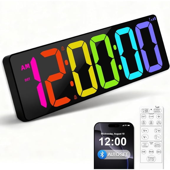 17.2" Bluetooth Digital Wall Clock with Seconds, Large Countdown Timer for Classroom Home Gym Kitchen Office, Alarm Remote Control, 4 Dimmable Brightness, Auto DST (RGB)