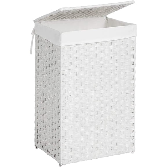17.2 Gallon (65L) Wicker Laundry Hamper with Lid Laundry Basket with Handles Wicker Basket Foldable Removable Liner Bag White