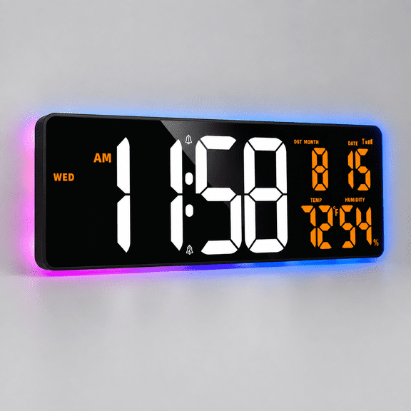 17.2 Inch Large Digital Wall Clock with LED Display, White + Orange, for Home Office Classroom