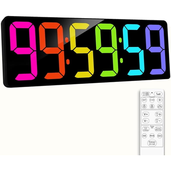 17.2" Large Digital Timer Wall Clock with Remote Control, Count Down Up Digital Timer, Auto DST LED Big Digital Clock for Bedroom Kitchen Living Room Office Gym Decor, RGB