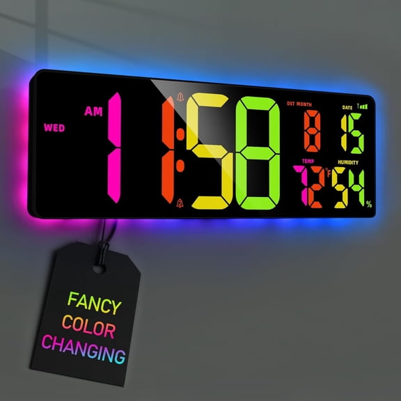 17.2'' Large Digital Wall Clock, LED Large Display Timer with RGB Ambient Lights,Temperature/Humidity, Remote Control, Adjustable Brightness for , Office, Classroom