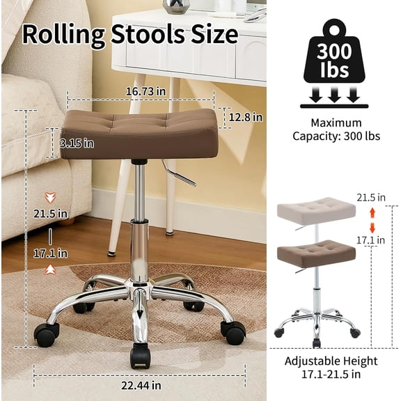 17-21" Adjustable Vanity Stool, Coffee Brown Faux Leather | Best Value | Wheels 300lbs Capacity for Nail Tattoo Massage