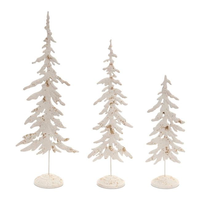 White and Gold Metal Pine Tabletop Christmas Trees, Set of 3