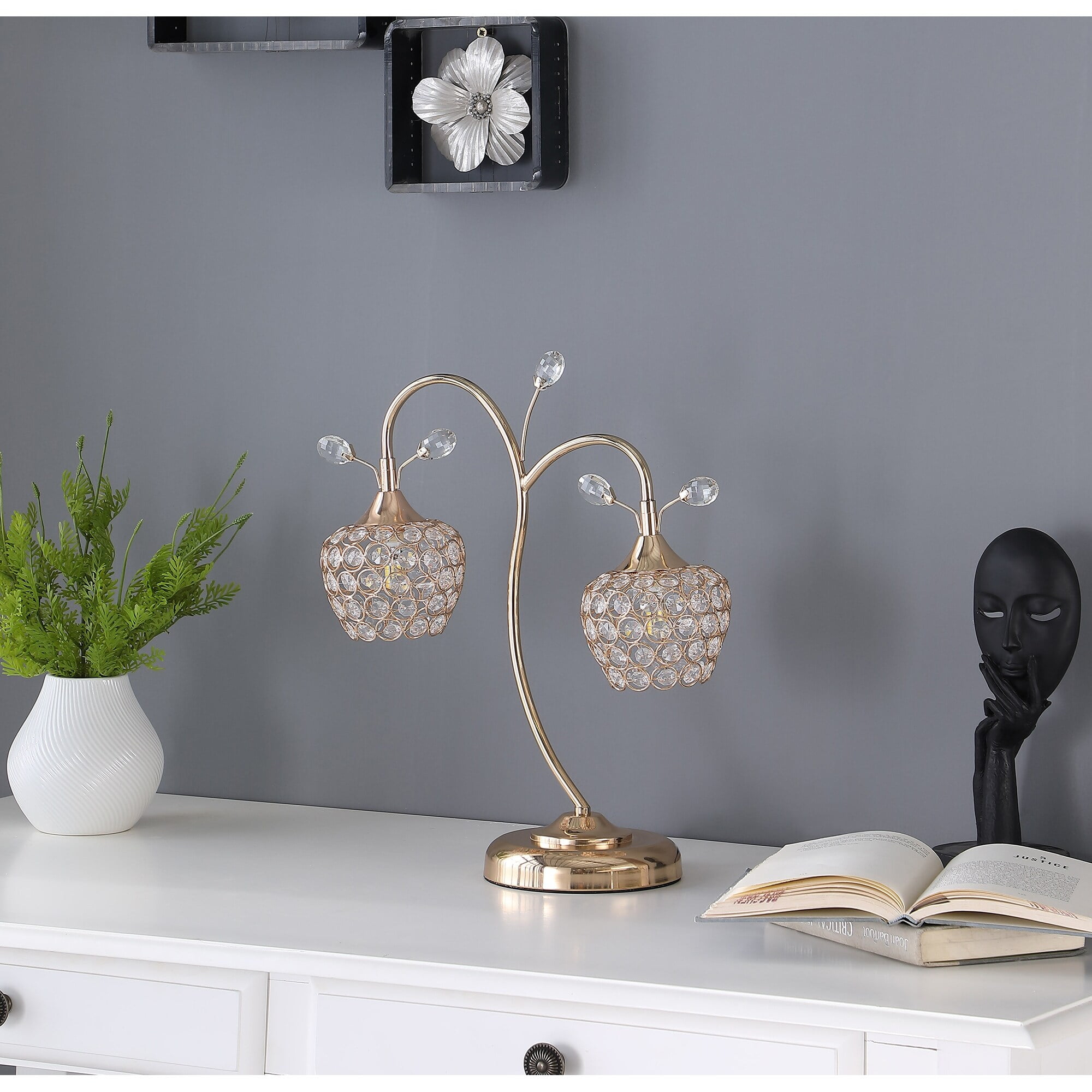 Elegant Rose Gold Acrylic Crystal Floral Glam Metal Table Lamp